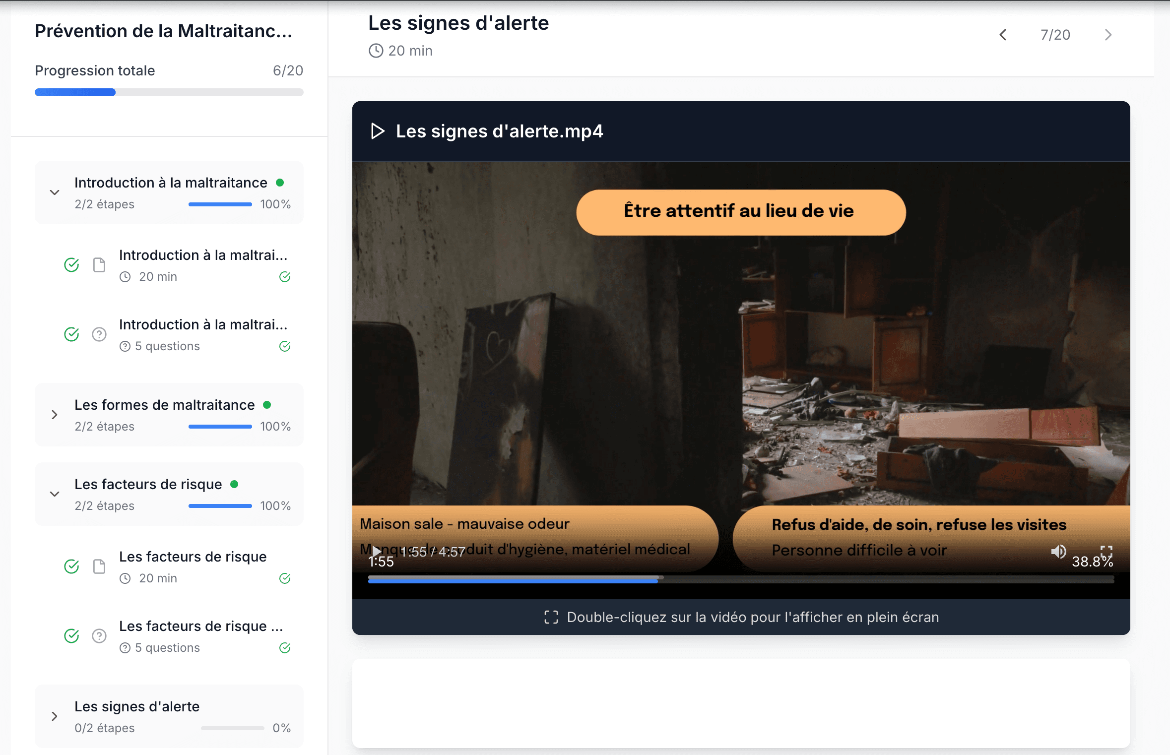 Module Qualisia Academy — parcours Prévention de la maltraitance, sommaire du cours et vidéo sur les signes d'alerte